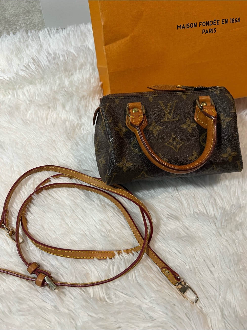 Louis Vuitton Brown Monogram Mini Speedy with Tan Leather Trim